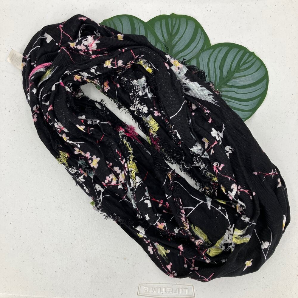 Apt 9 Black Neon Blue Green Pink Fringe Bird Nature Branch Flower Infinity Scarf